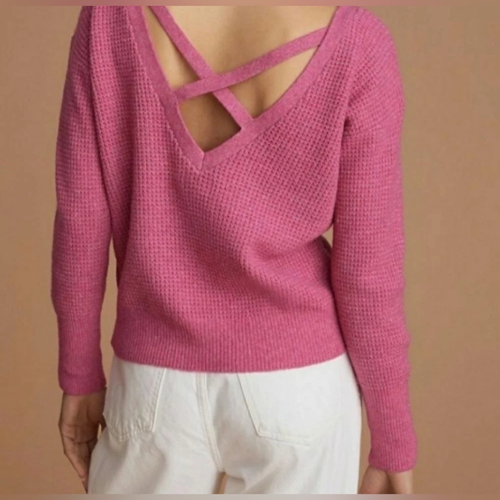 Anthropologie Maeve Cross Back Waffle Knit Sweater Fascia Pink Wool Blend XS - Picture 3 of 10